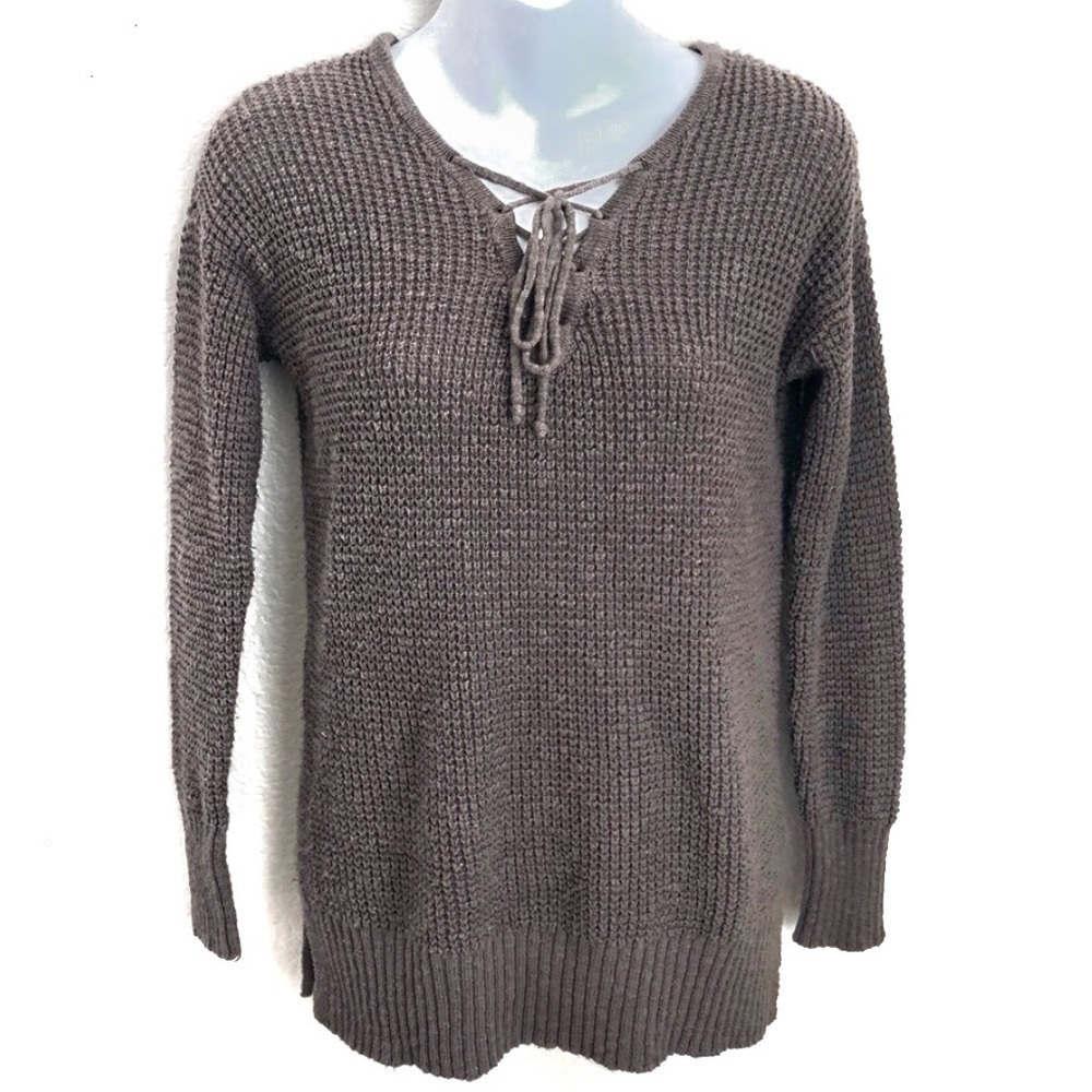 American Eagle Women's Brown Strappy Front Tie Long Sleeve Knit Crewneck Sweater